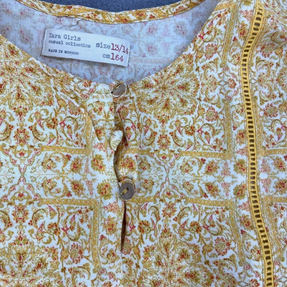 Zara A Line Dress Girls 13/14 Yellow Floral Boho Lace Trim Casual Long Sleeve